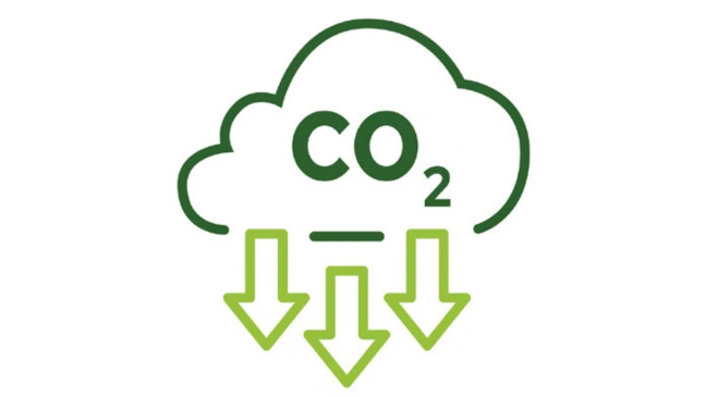 Cwmwl gyda symbol cemegol carbon deuocsid a saethau yn pwyntio i lawr
